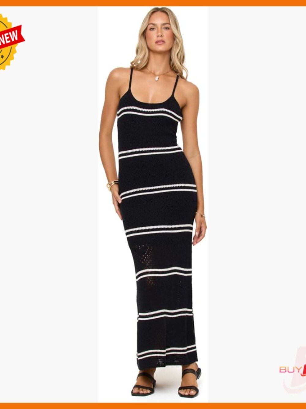 Knit Midi Dress With Adjustable Straps, Scoop Neck, Low Back Design